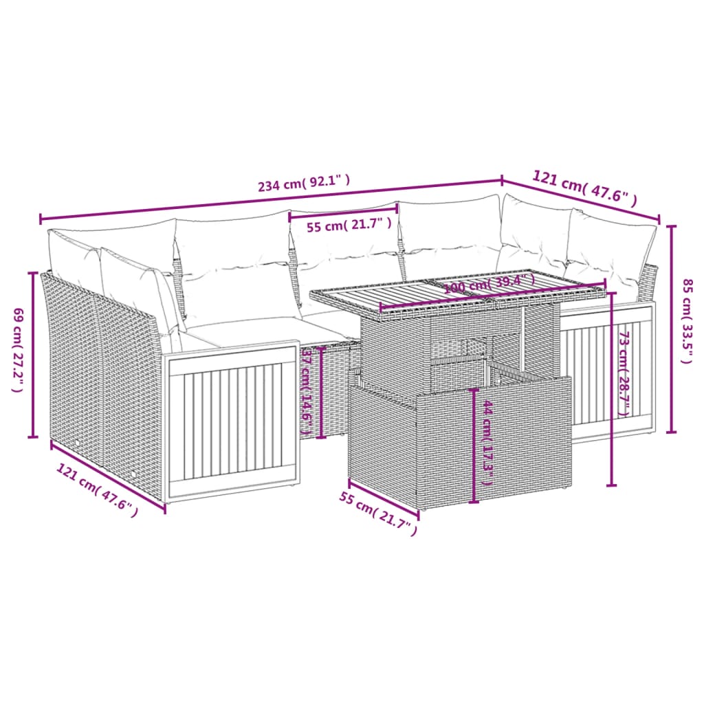 7-tlg. Garten-Sofagarnitur mit Kissen Grau Poly Rattan