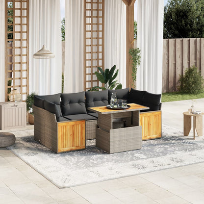 7-tlg. Garten-Sofagarnitur mit Kissen Grau Poly Rattan