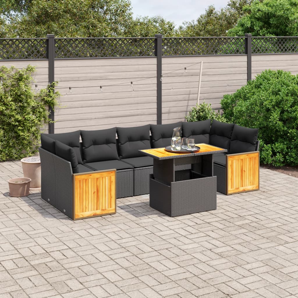 8-tlg. Garten-Sofagarnitur mit Kissen Schwarz Poly Rattan