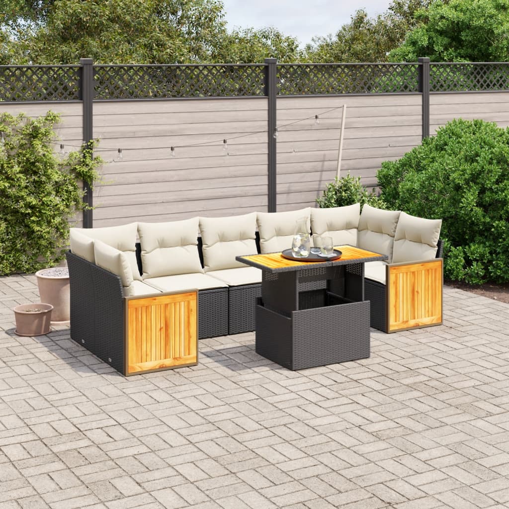 8-tlg. Garten-Sofagarnitur mit Kissen Schwarz Poly Rattan