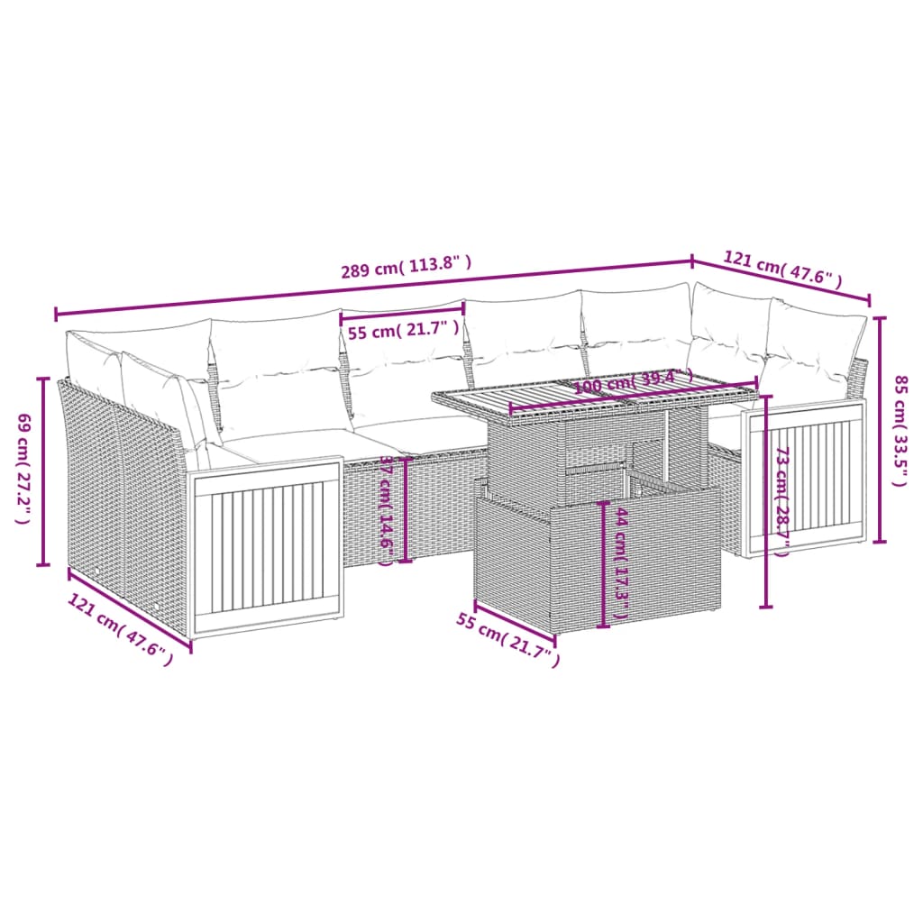 8-tlg. Garten-Sofagarnitur mit Kissen Grau Poly Rattan