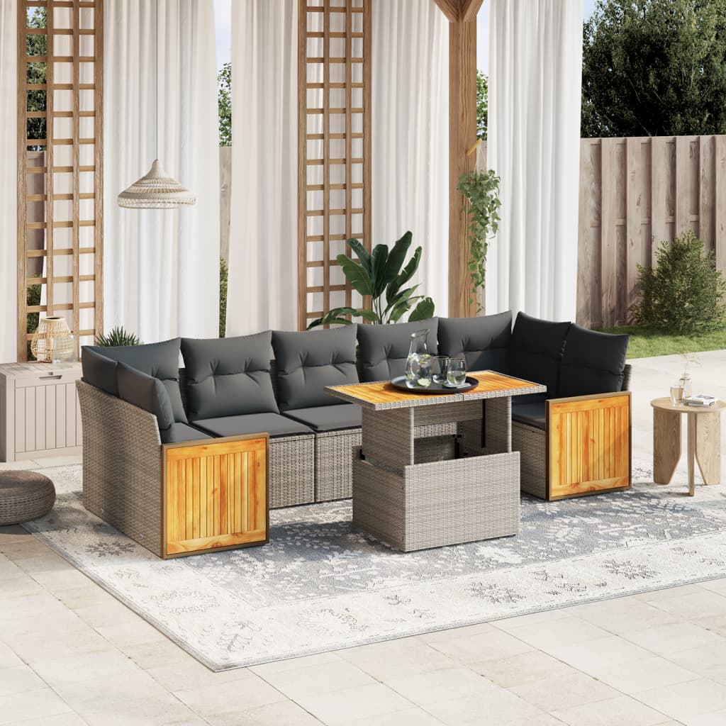 8-tlg. Garten-Sofagarnitur mit Kissen Grau Poly Rattan