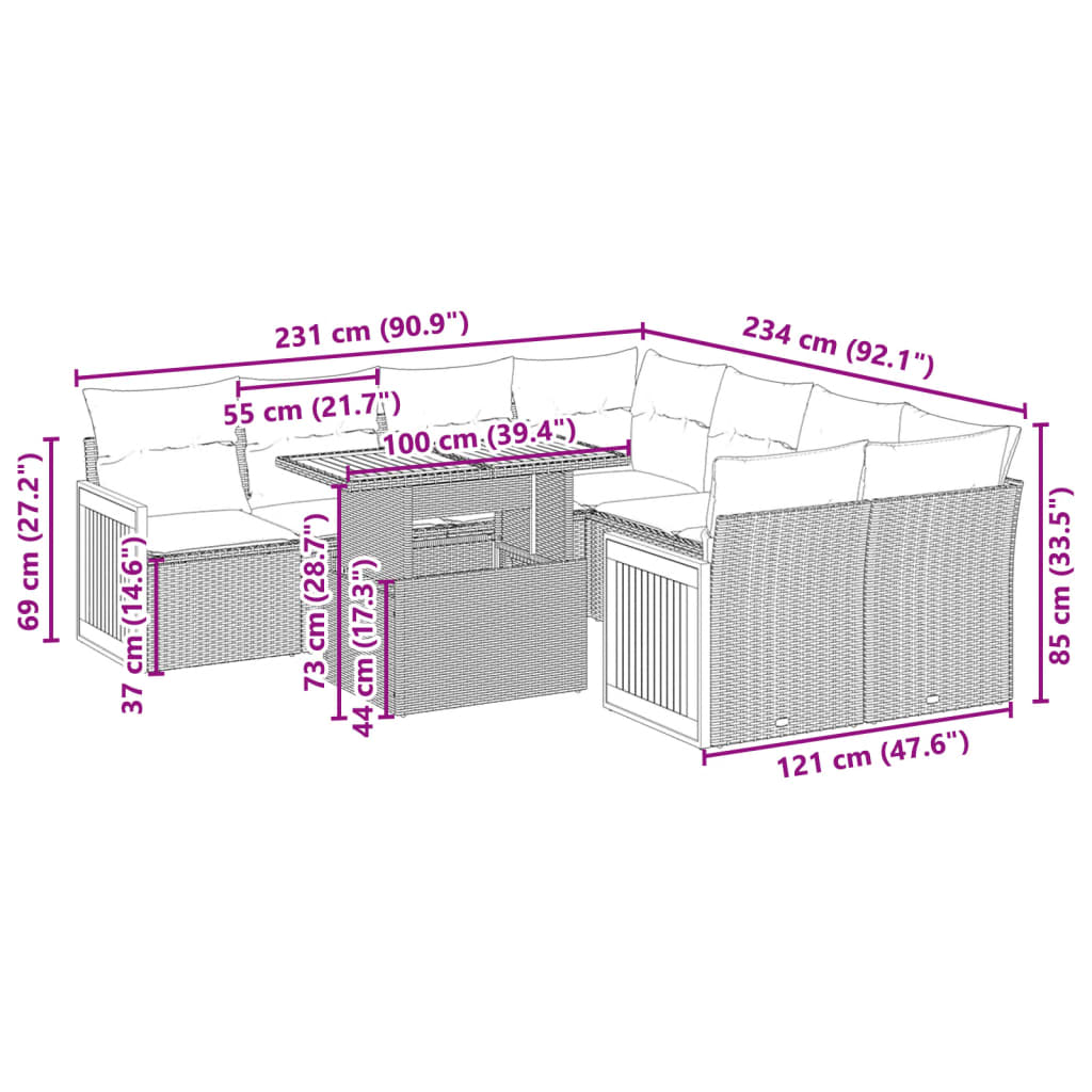 9-tlg. Garten-Sofagarnitur mit Kissen Schwarz Poly Rattan