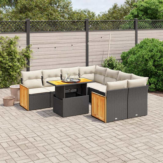 9-tlg. Garten-Sofagarnitur mit Kissen Schwarz Poly Rattan