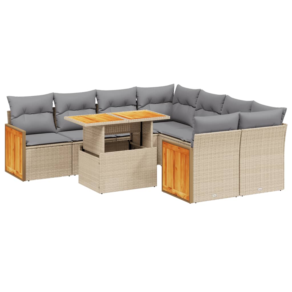 9-tlg. Garten-Sofagarnitur mit Kissen Beige Poly Rattan