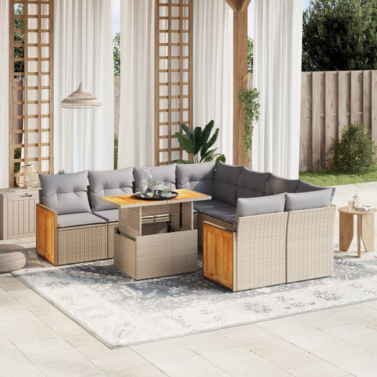 9-tlg. Garten-Sofagarnitur mit Kissen Beige Poly Rattan