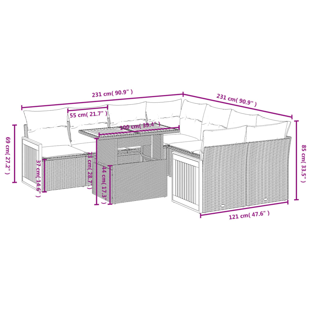 9-tlg. Garten-Sofagarnitur mit Kissen Grau Poly Rattan