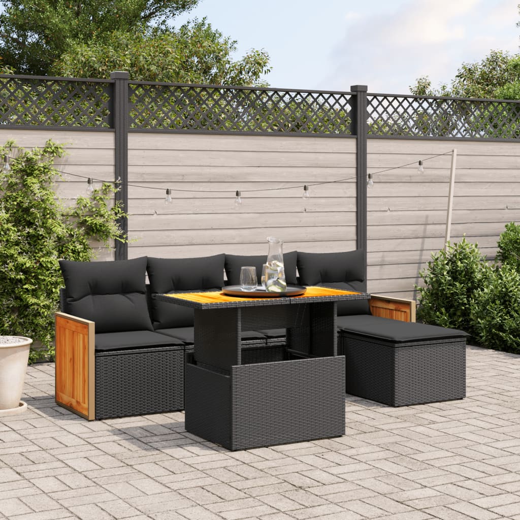 6-tlg. Garten-Sofagarnitur mit Kissen Schwarz Poly Rattan