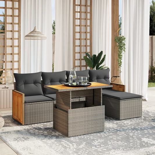 6-tlg. Garten-Sofagarnitur mit Kissen Grau Poly Rattan