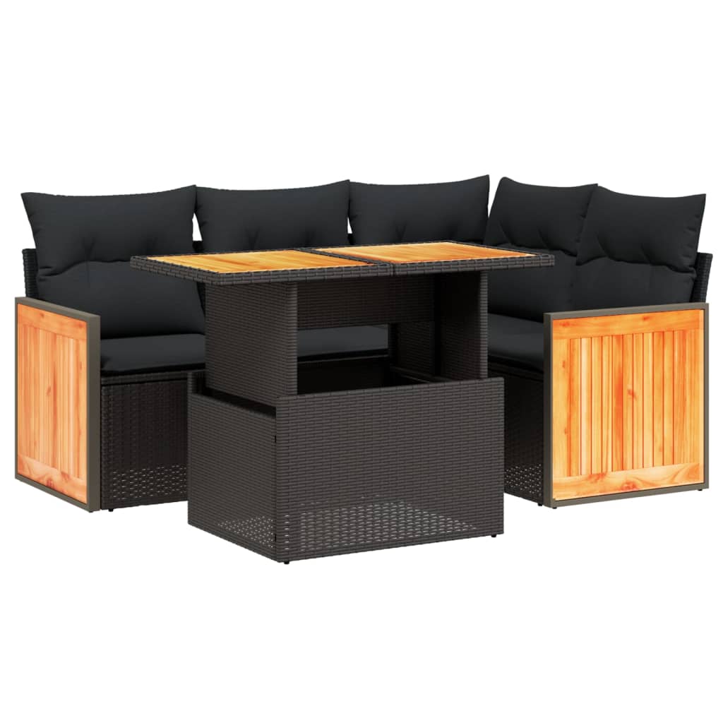 5-tlg. Garten-Sofagarnitur mit Kissen Schwarz Poly Rattan