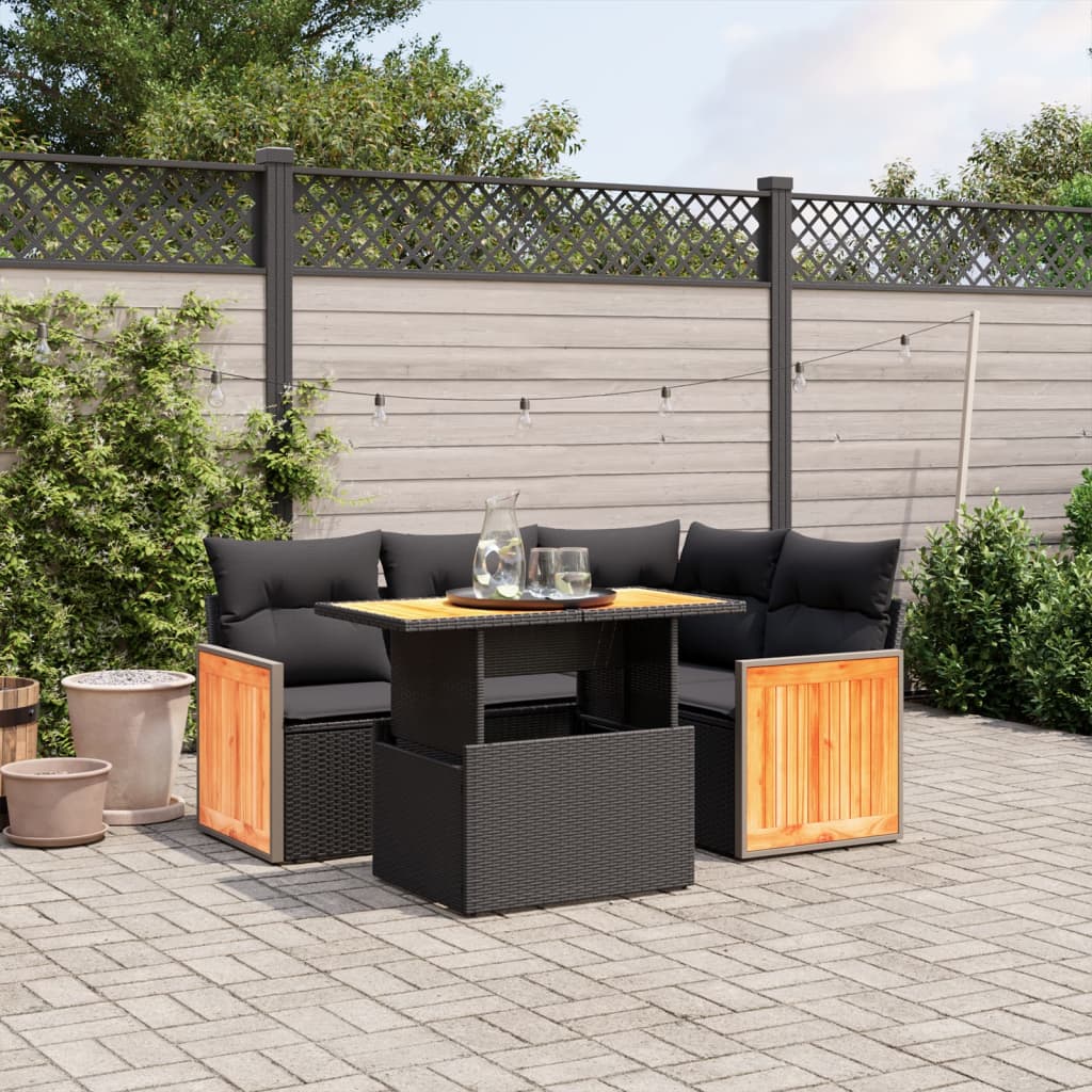 5-tlg. Garten-Sofagarnitur mit Kissen Schwarz Poly Rattan