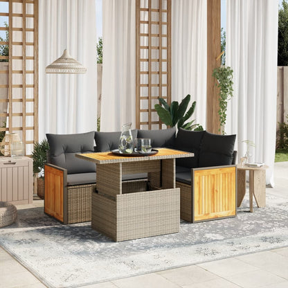 5-tlg. Garten-Sofagarnitur mit Kissen Grau Poly Rattan