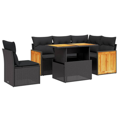 6-tlg. Garten-Sofagarnitur mit Kissen Schwarz Poly Rattan