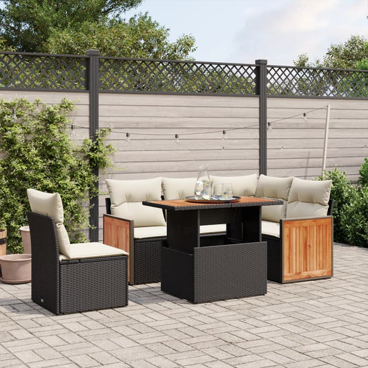 6-tlg. Garten-Sofagarnitur mit Kissen Schwarz Poly Rattan