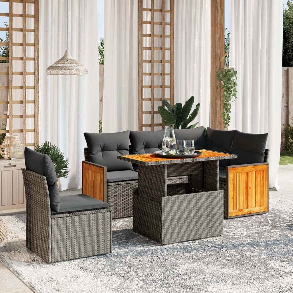 6-tlg. Garten-Sofagarnitur mit Kissen Beige Poly Rattan