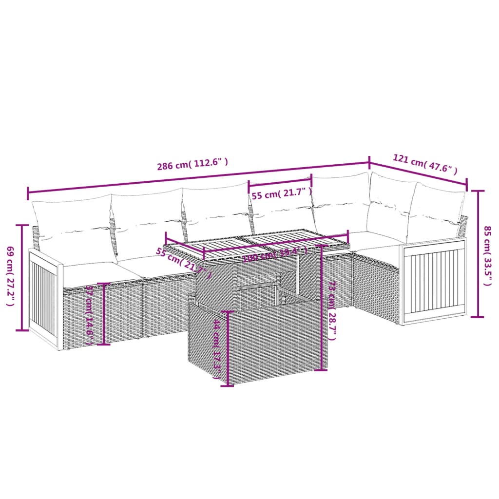 7-tlg. Garten-Sofagarnitur mit Kissen Schwarz Poly Rattan