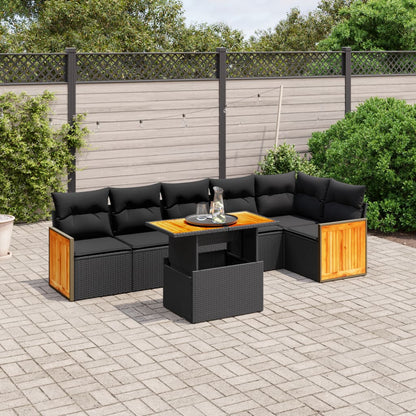 7-tlg. Garten-Sofagarnitur mit Kissen Schwarz Poly Rattan