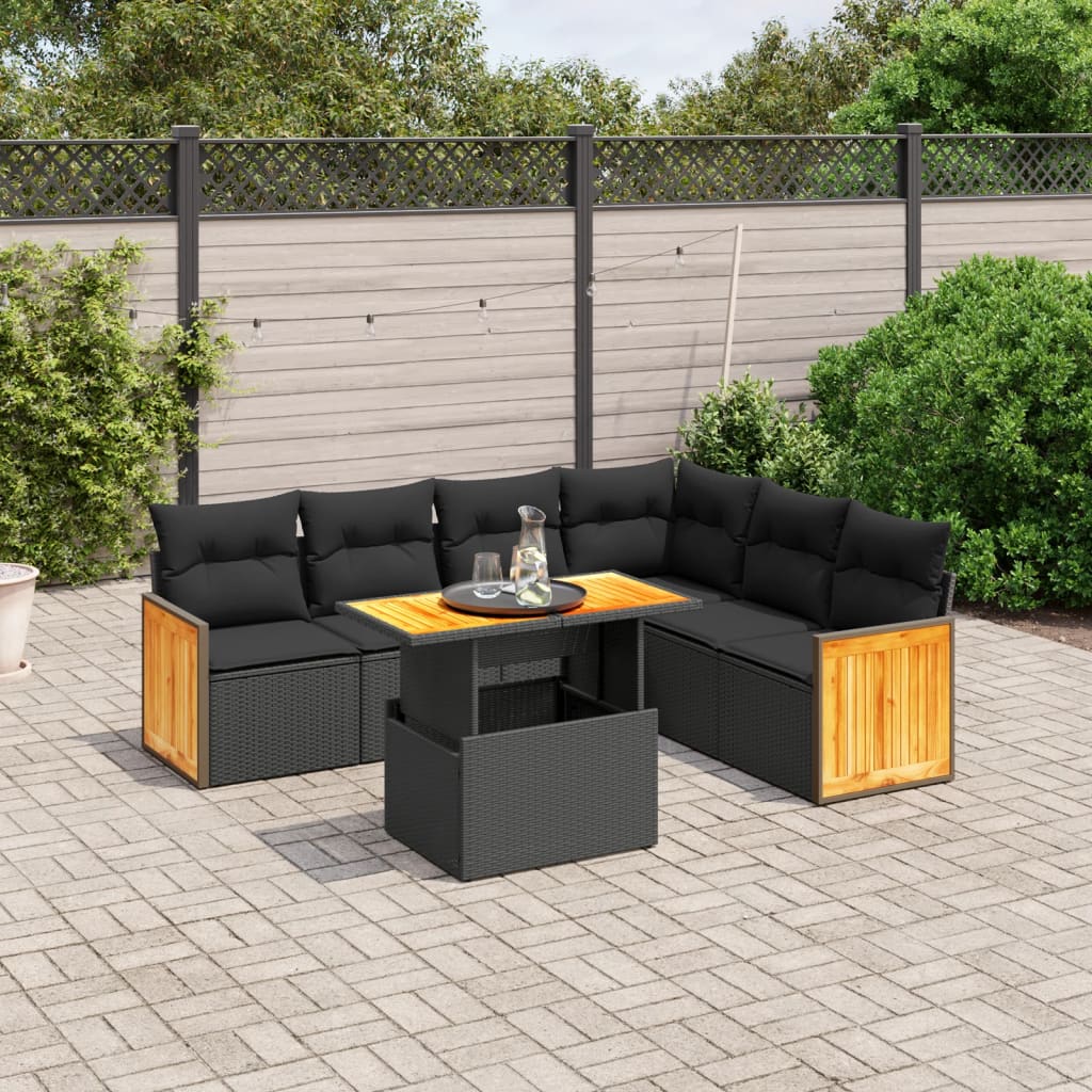 7-tlg. Garten-Sofagarnitur mit Kissen Schwarz Poly Rattan