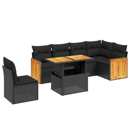 7-tlg. Garten-Sofagarnitur mit Kissen Schwarz Poly Rattan