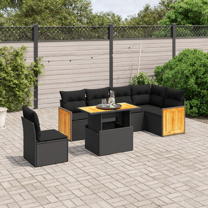 7-tlg. Garten-Sofagarnitur mit Kissen Schwarz Poly Rattan