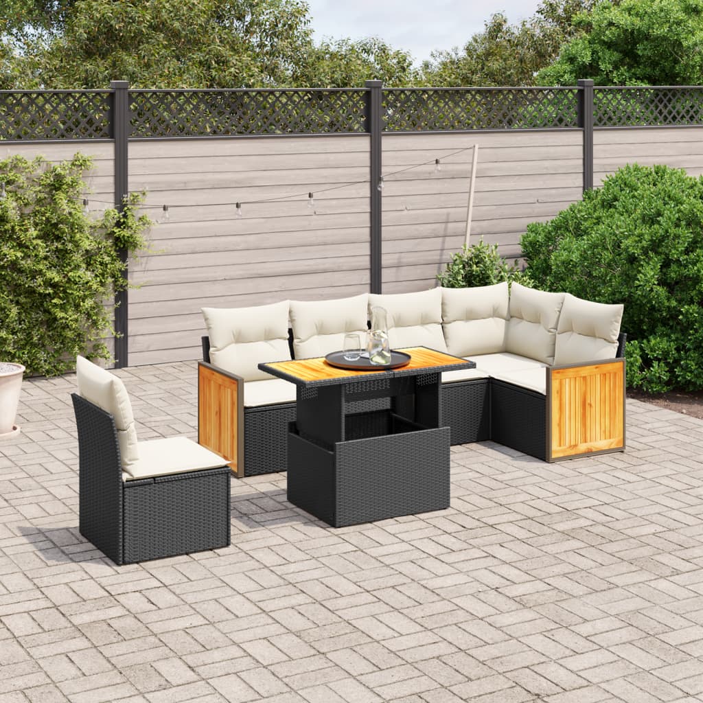 7-tlg. Garten-Sofagarnitur mit Kissen Schwarz Poly Rattan