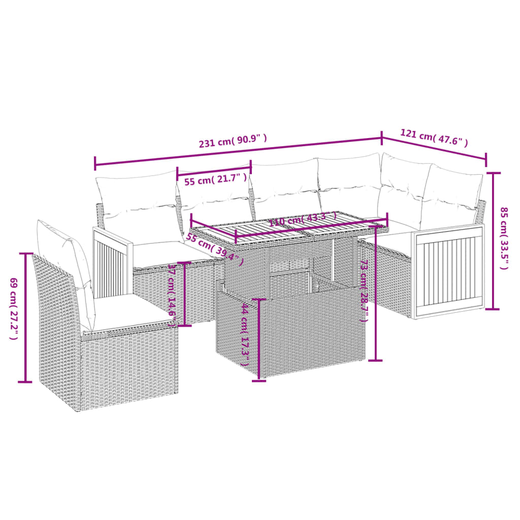 7-tlg. Garten-Sofagarnitur mit Kissen Grau Poly Rattan