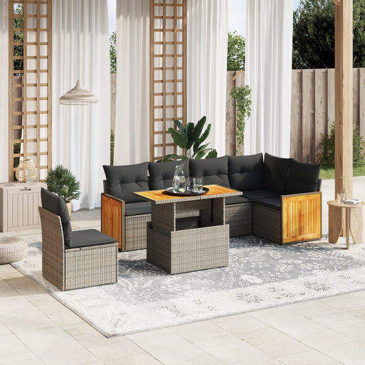 7-tlg. Garten-Sofagarnitur mit Kissen Grau Poly Rattan