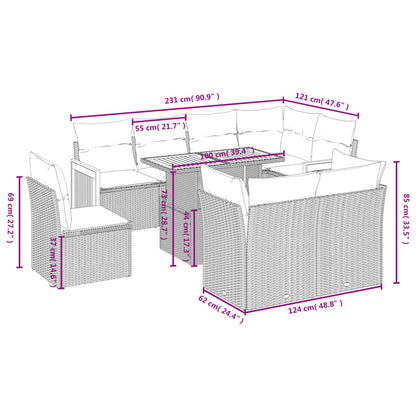 9-tlg. Garten-Sofagarnitur mit Kissen Schwarz Poly Rattan