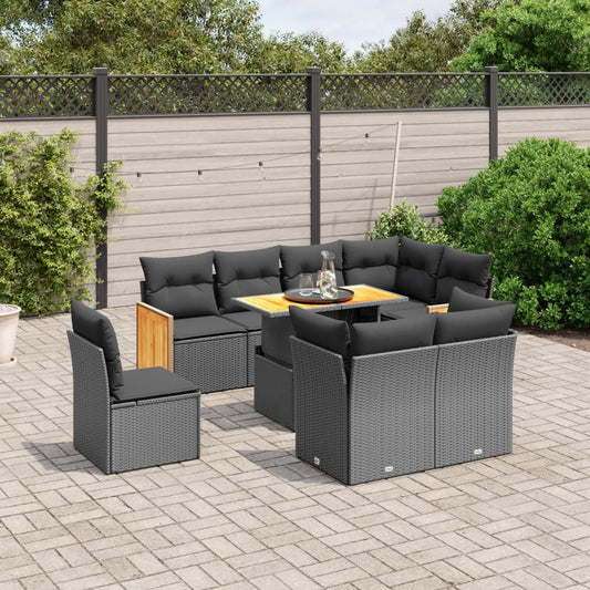 9-tlg. Garten-Sofagarnitur mit Kissen Schwarz Poly Rattan