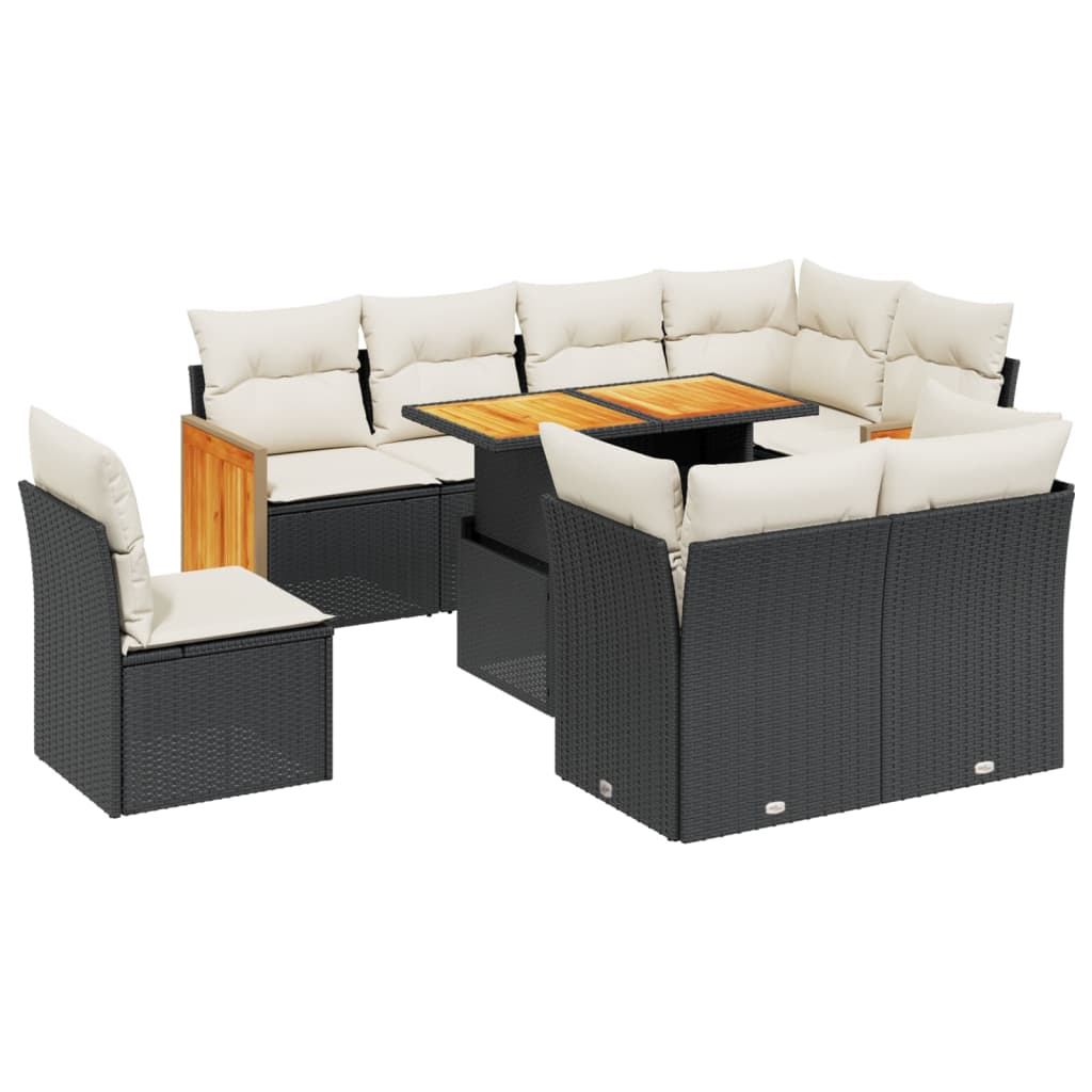 9-tlg. Garten-Sofagarnitur mit Kissen Schwarz Poly Rattan