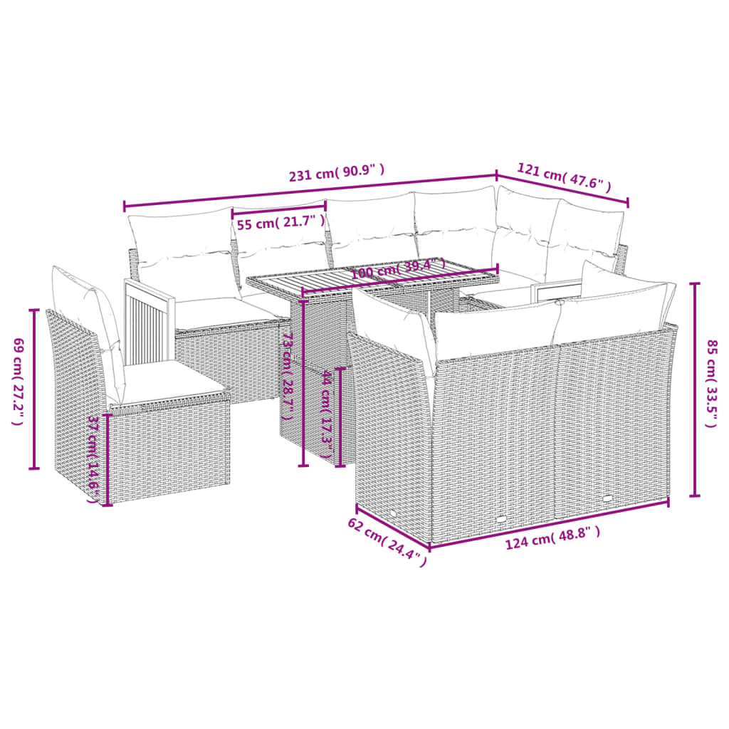 9-tlg. Garten-Sofagarnitur mit Kissen Schwarz Poly Rattan