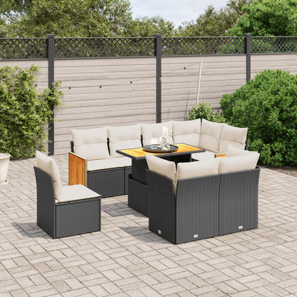 9-tlg. Garten-Sofagarnitur mit Kissen Schwarz Poly Rattan