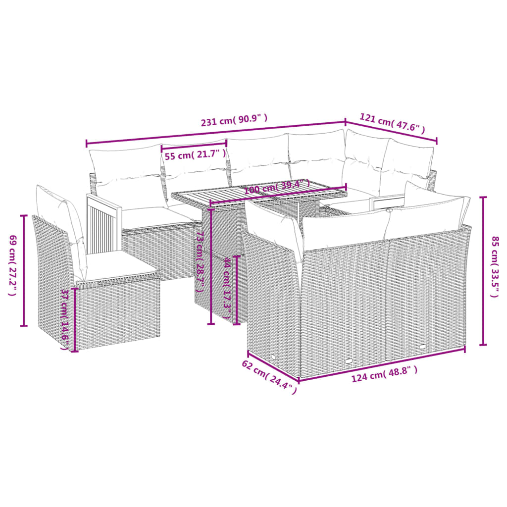 9-tlg. Garten-Sofagarnitur mit Kissen Grau Poly Rattan