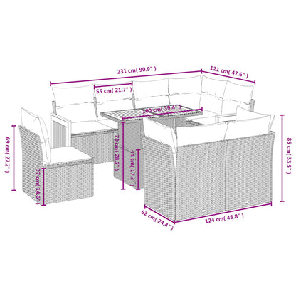 9-tlg. Garten-Sofagarnitur mit Kissen Grau Poly Rattan