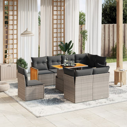 9-tlg. Garten-Sofagarnitur mit Kissen Grau Poly Rattan