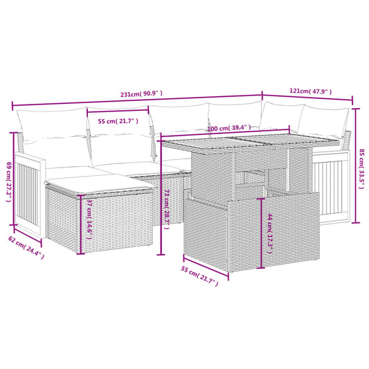 7-tlg. Garten-Sofagarnitur mit Kissen Schwarz Poly Rattan