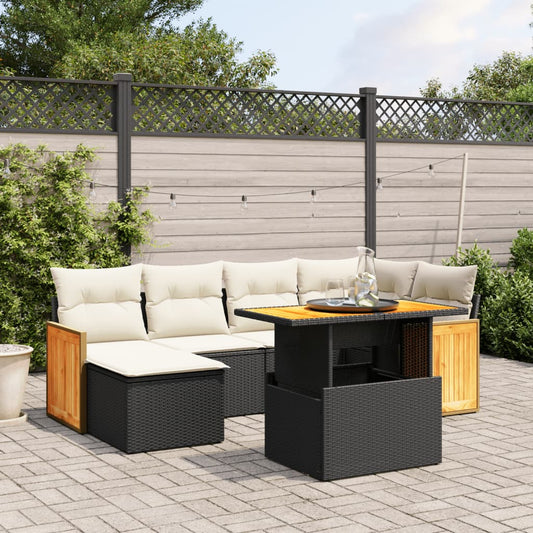 7-tlg. Garten-Sofagarnitur mit Kissen Schwarz Poly Rattan