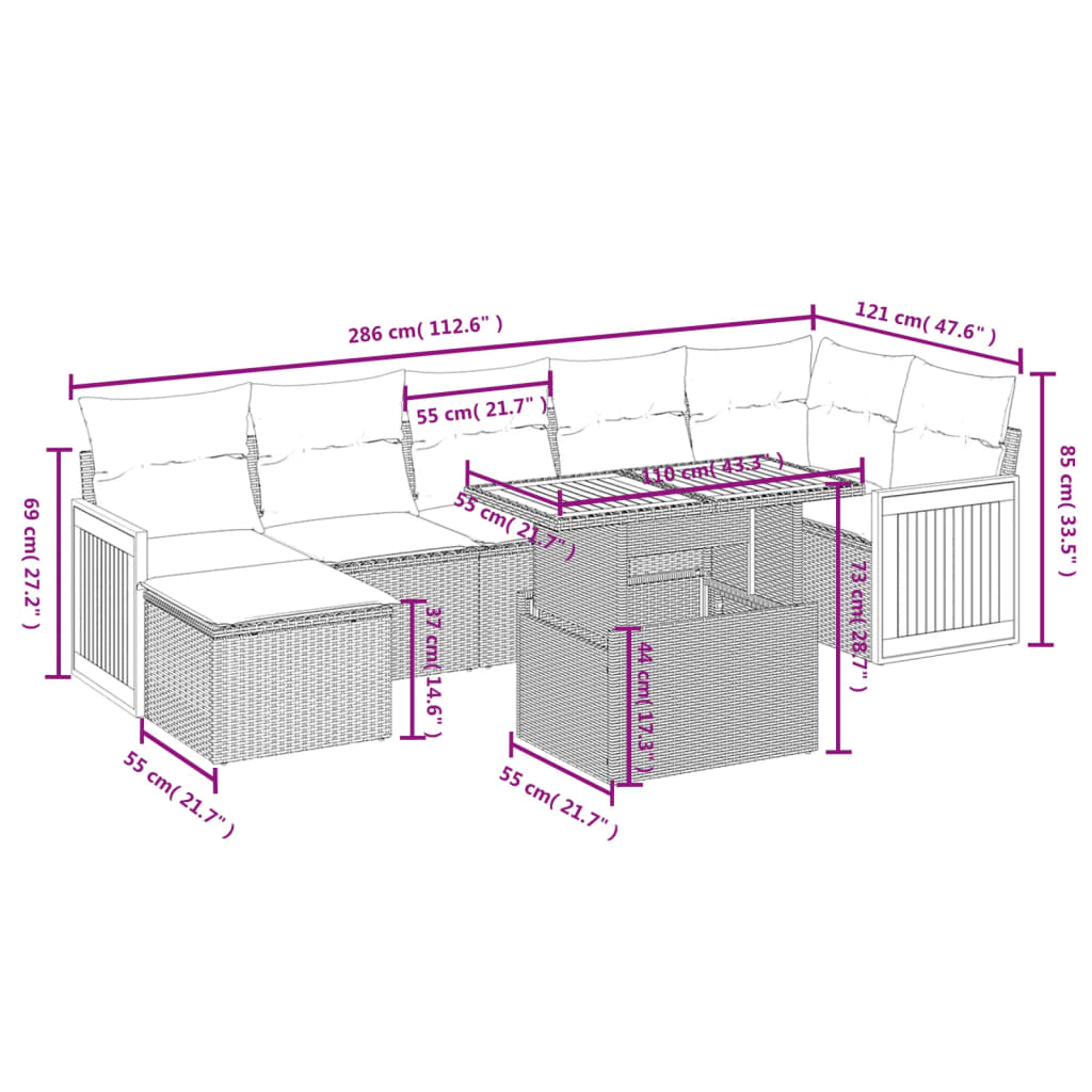 8-tlg. Garten-Sofagarnitur mit Kissen Schwarz Poly Rattan