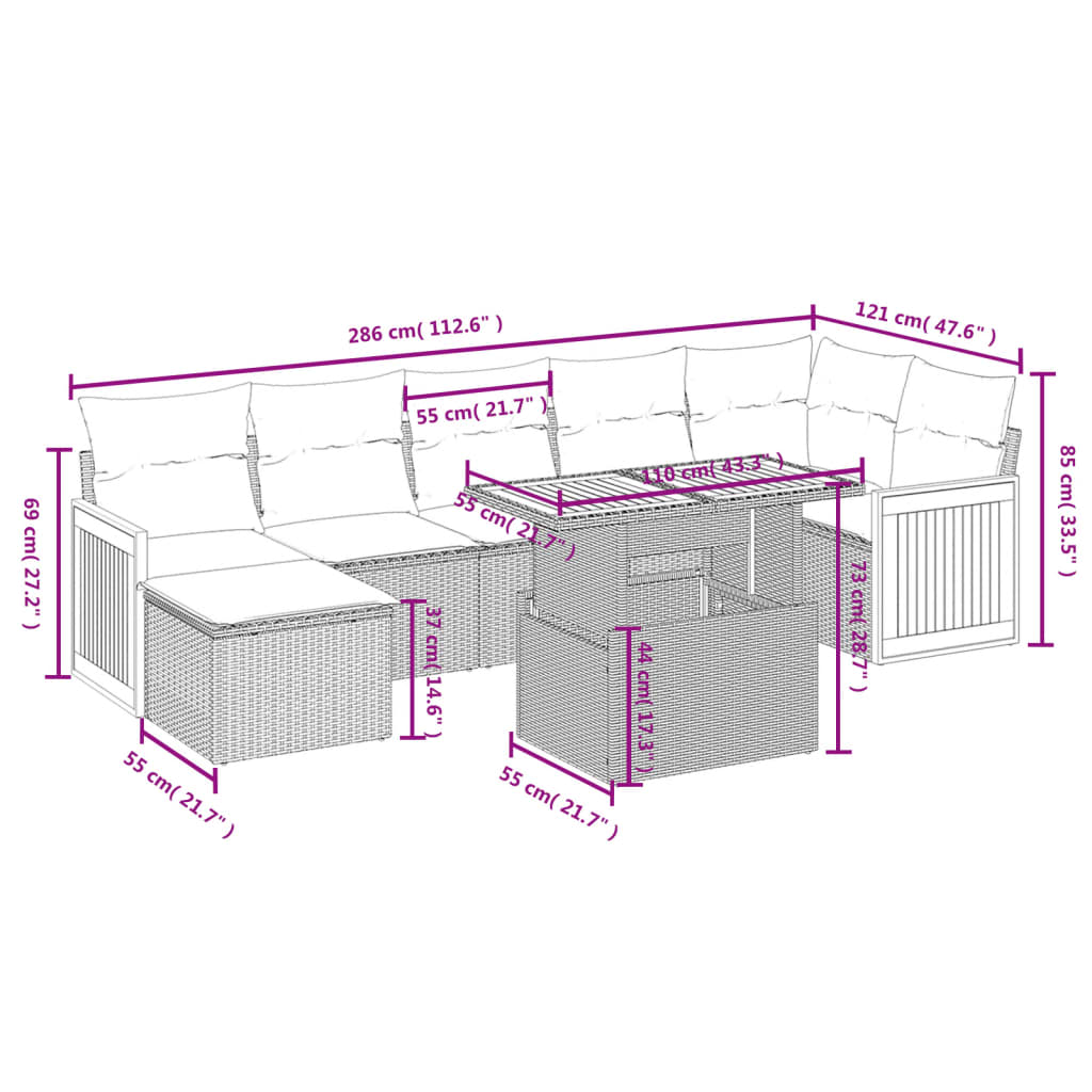 8-tlg. Garten-Sofagarnitur mit Kissen Grau Poly Rattan