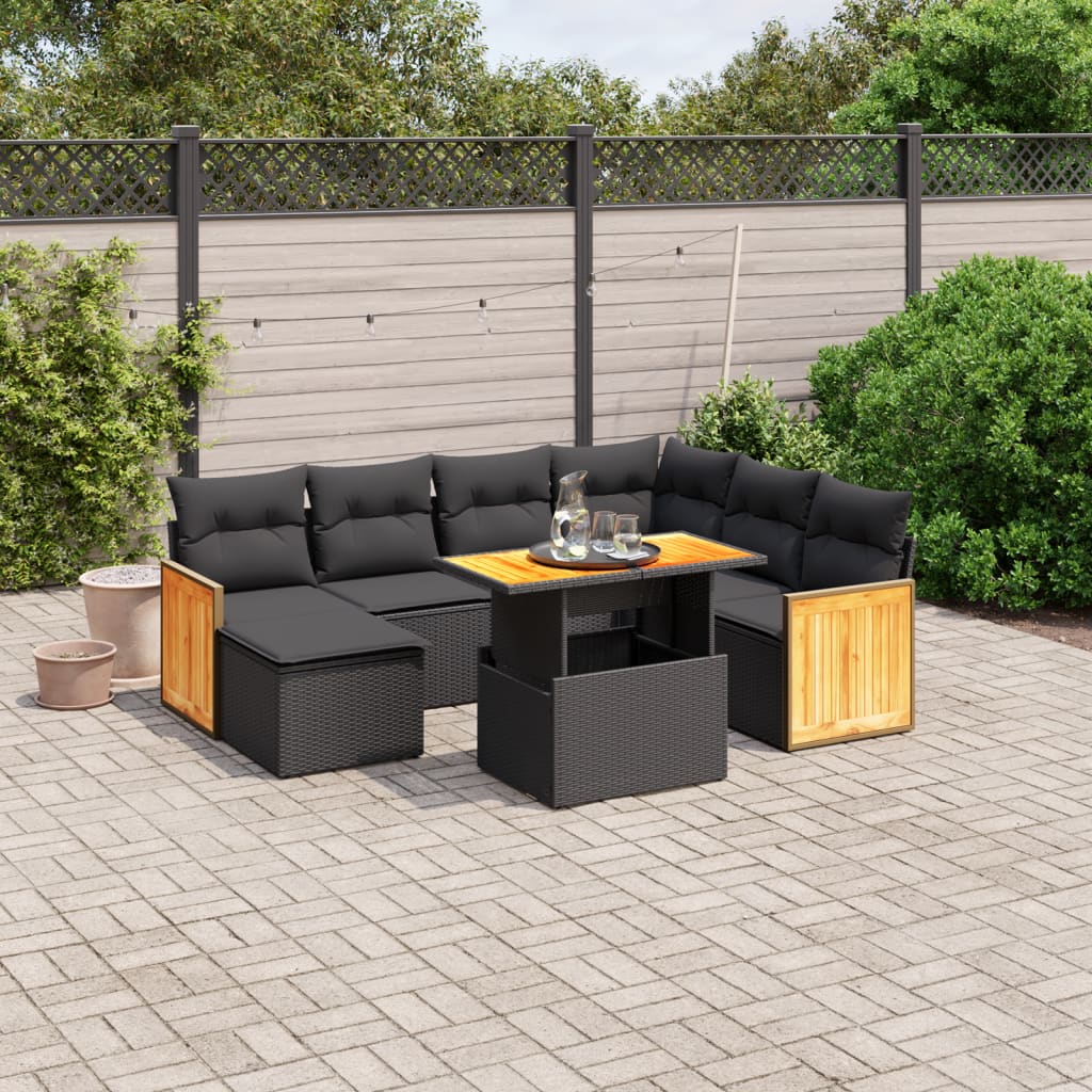 8-tlg. Garten-Sofagarnitur mit Kissen Schwarz Poly Rattan