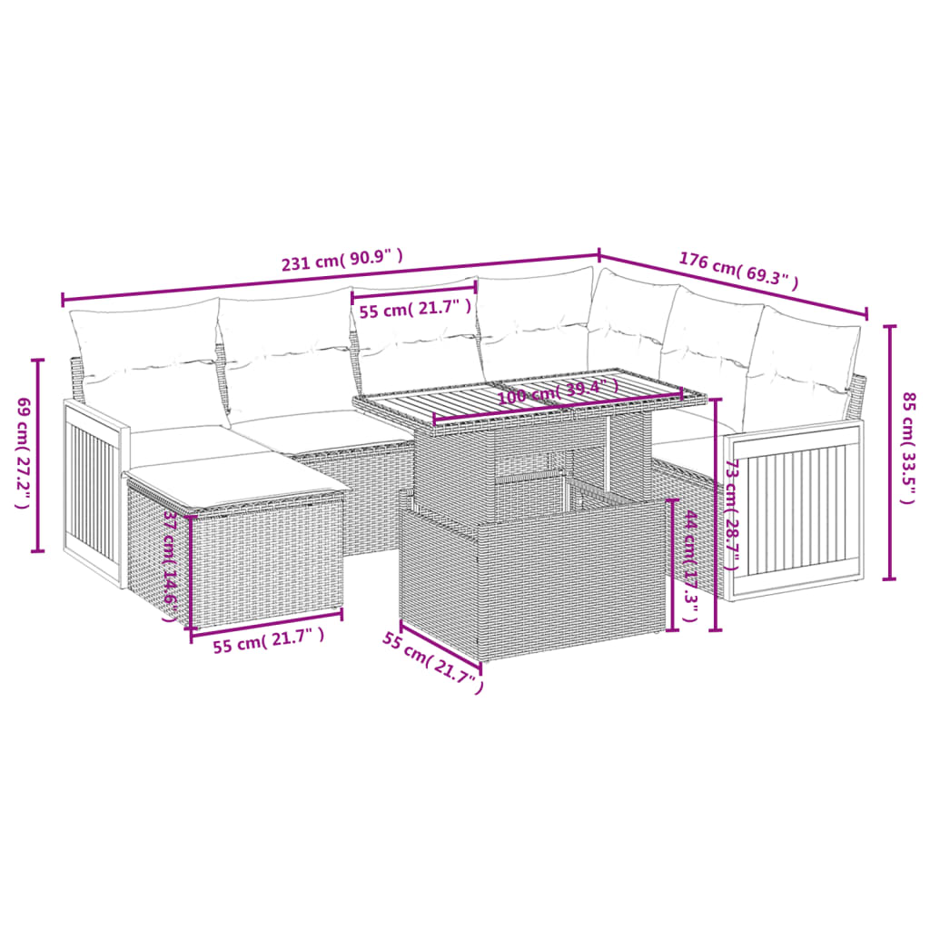 8-tlg. Garten-Sofagarnitur mit Kissen Schwarz Poly Rattan