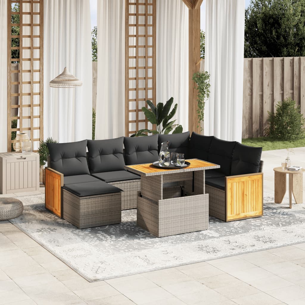 8-tlg. Garten-Sofagarnitur mit Kissen Grau Poly Rattan