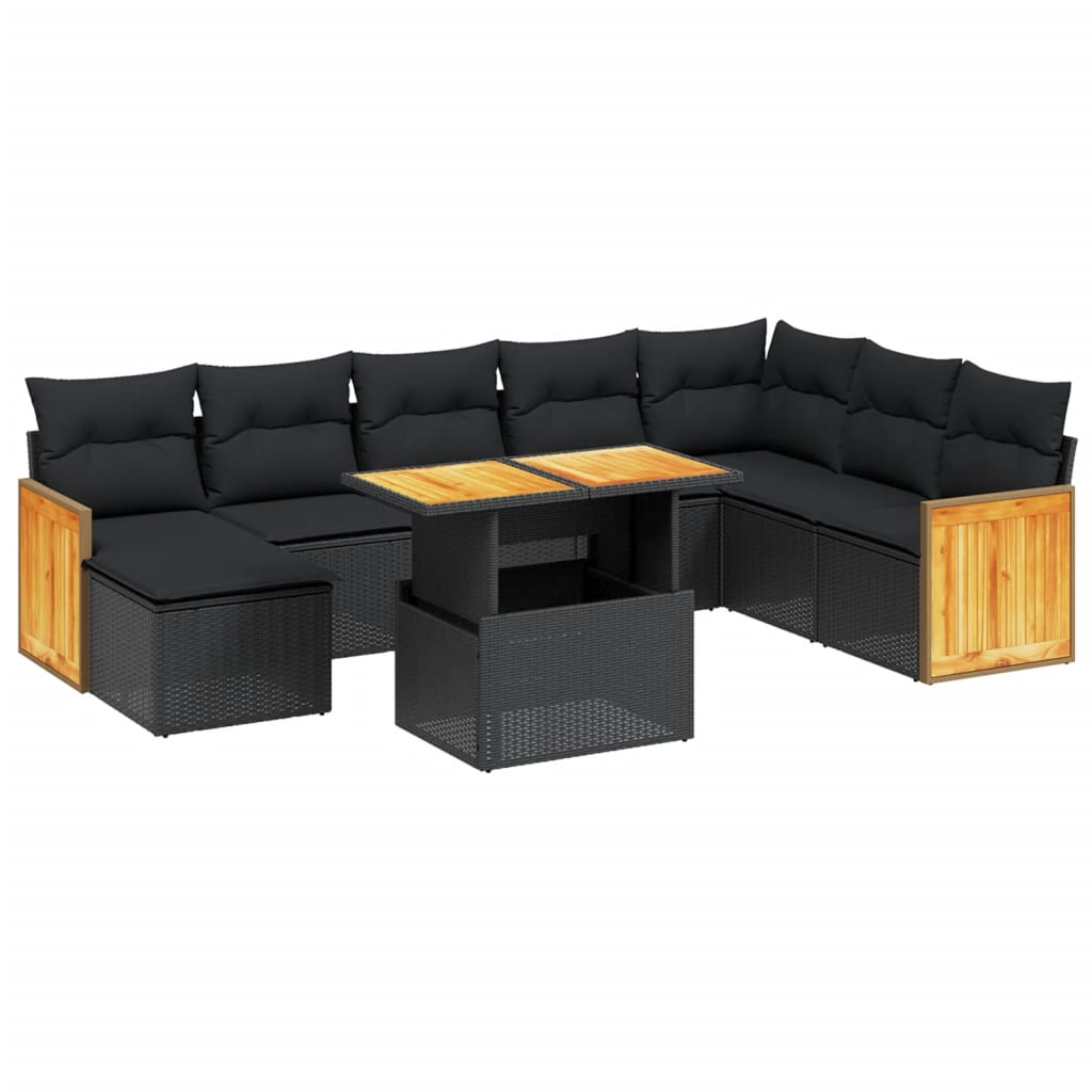 9-tlg. Garten-Sofagarnitur mit Kissen Schwarz Poly Rattan