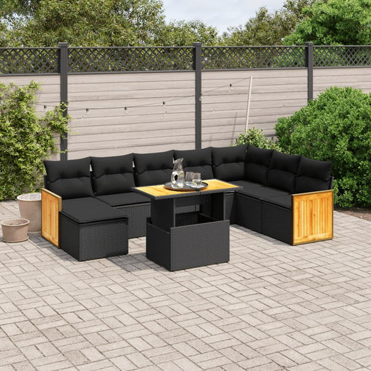 9-tlg. Garten-Sofagarnitur mit Kissen Schwarz Poly Rattan