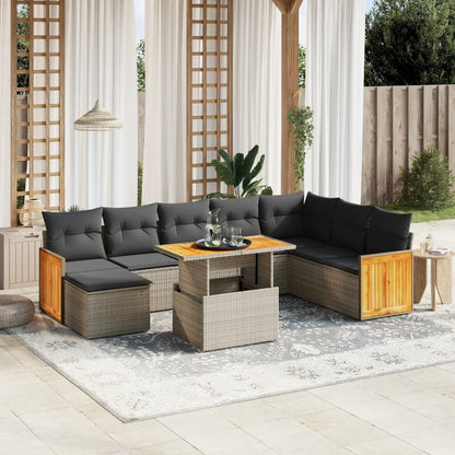 9-tlg. Garten-Sofagarnitur mit Kissen Grau Poly Rattan