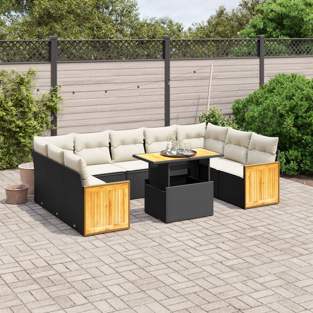 10-tlg. Garten-Sofagarnitur mit Kissen Schwarz Poly Rattan