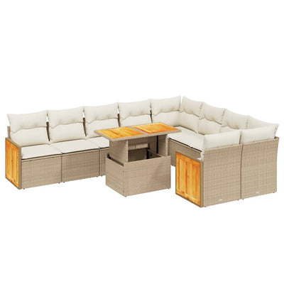 10-tlg. Garten-Sofagarnitur mit Kissen Beige Poly Rattan