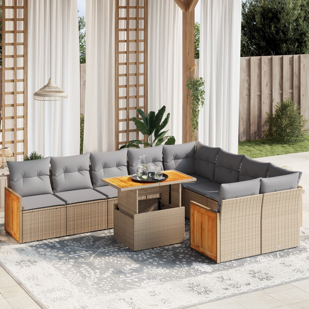 10-tlg. Garten-Sofagarnitur mit Kissen Beige Poly Rattan