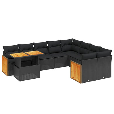 10-tlg. Garten-Sofagarnitur mit Kissen Schwarz Poly Rattan