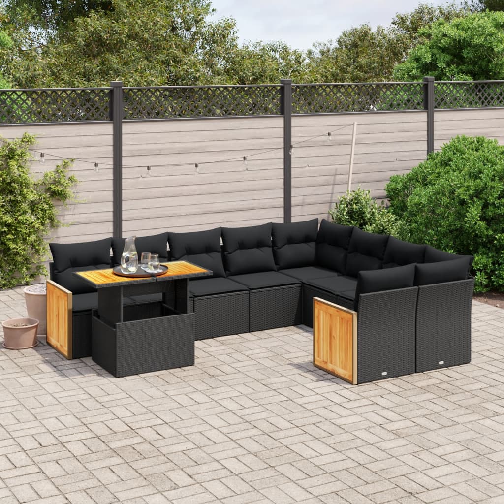 10-tlg. Garten-Sofagarnitur mit Kissen Schwarz Poly Rattan